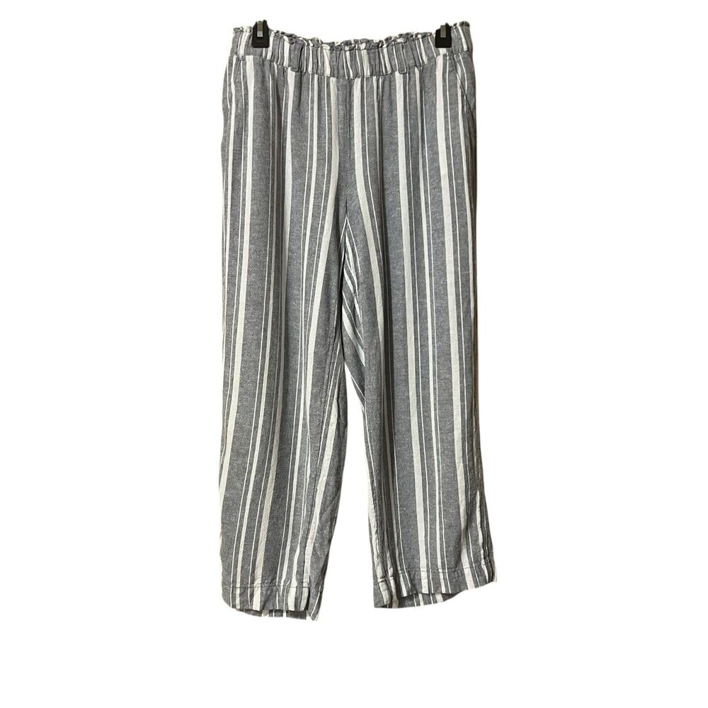LOFT Linen Blend Wide Leg Gray White Stripe Ankle Pants Size Small